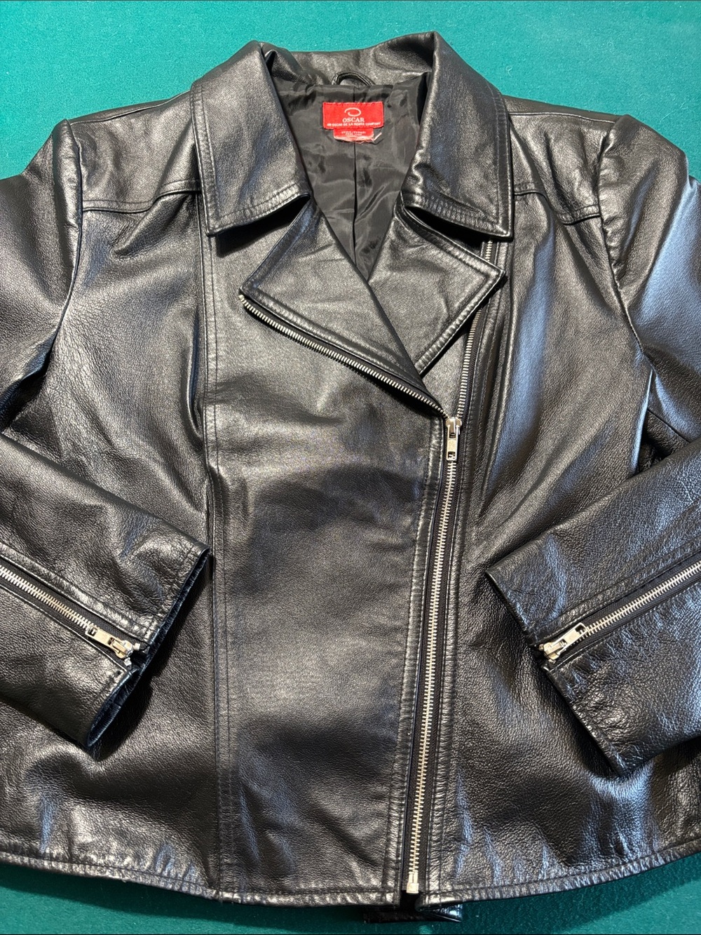 Oscar de la Renta Black Leather Asymmetric Moto Jacket , M/L , $42